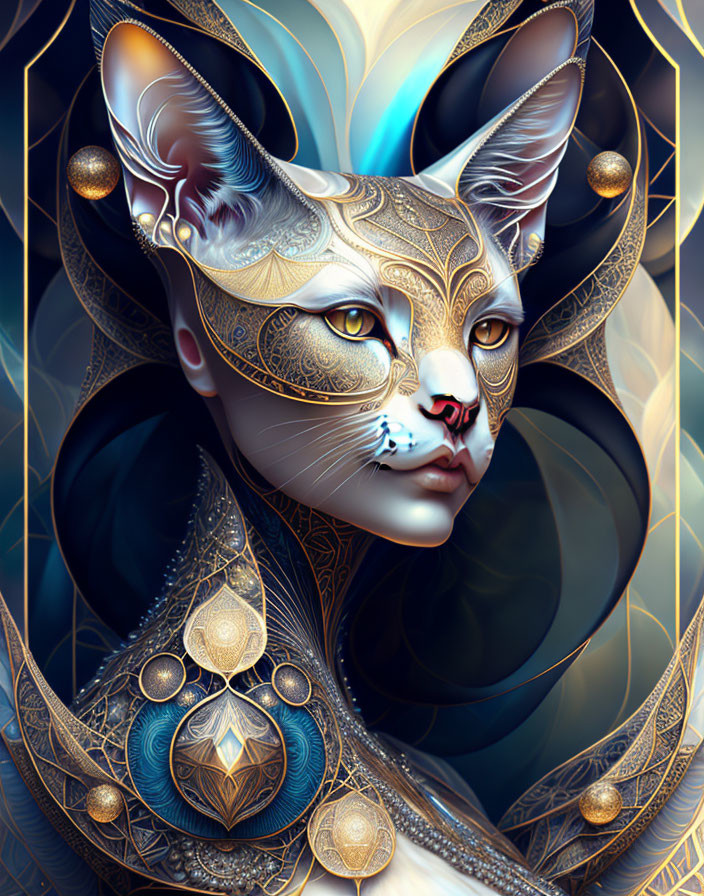 Regal anthropomorphic feline with golden headdress on dark blue background