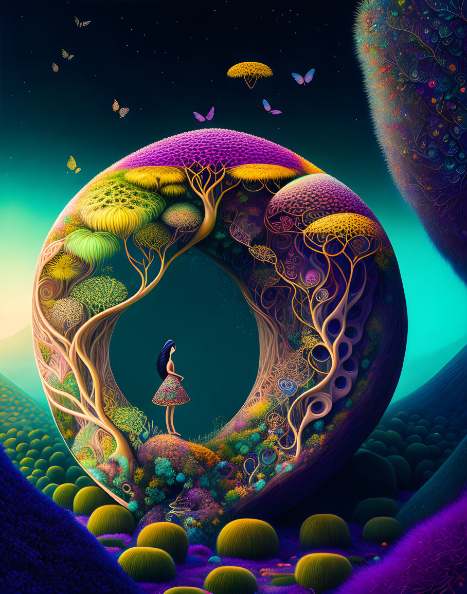 Colorful surreal illustration of person in circular forest with whimsical trees, floating islands, butterflies under star