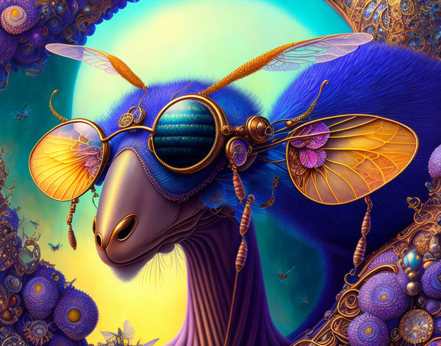 Whimsical blue creature with bee-like features and ornate glasses in vibrant digital artwork