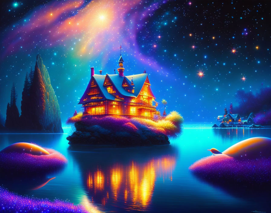 Fantasy artwork: illuminated house on islet under starry sky.