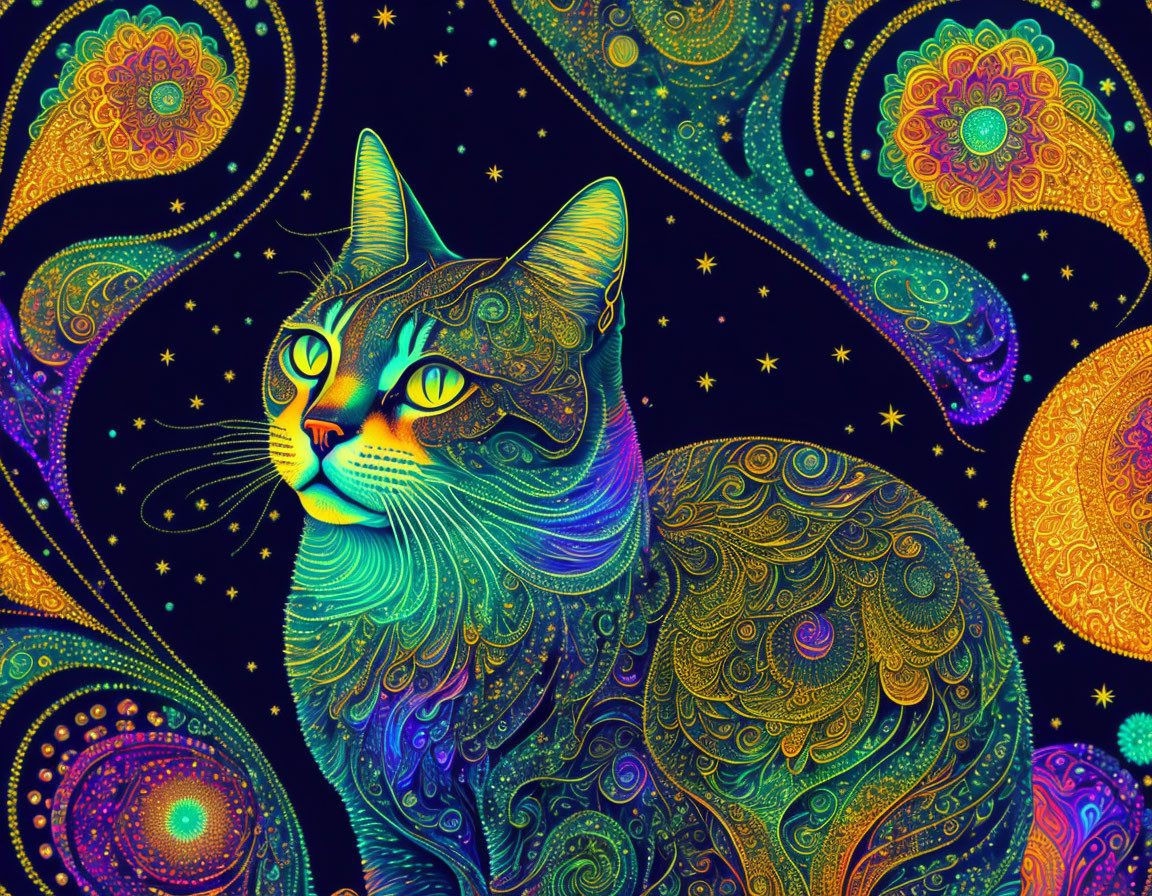 Colorful Psychedelic Cat Illustration with Neon Patterns on Starry Background