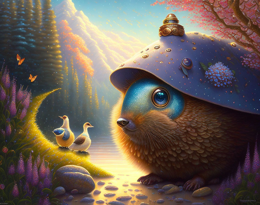 Illustration of creature in blue helmet with birds in enchanted forest