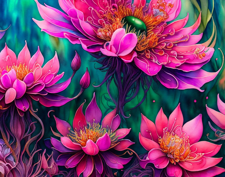 Colorful illustration of pink lotus flowers and green beetle on teal backdrop