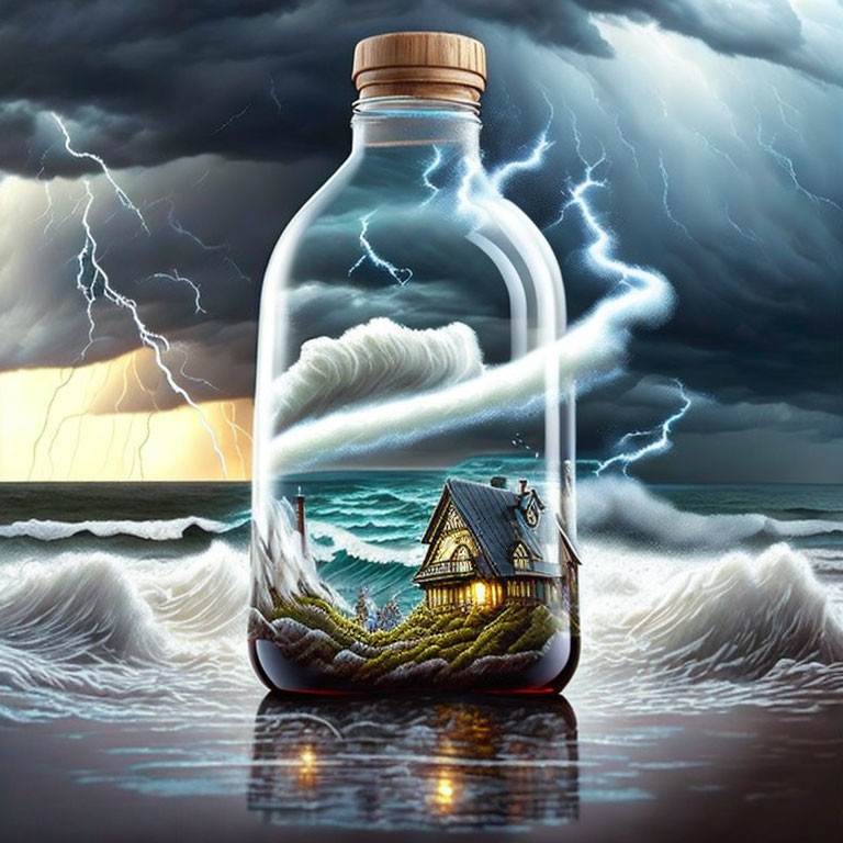 Stormy Seascape with Island House in Bottle and Lightning Sky