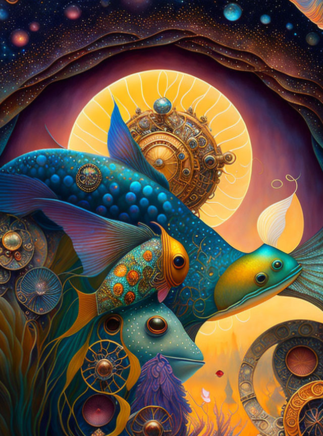 Colorful surreal art: Mechanical fish, flowers, celestial bodies in rich detail