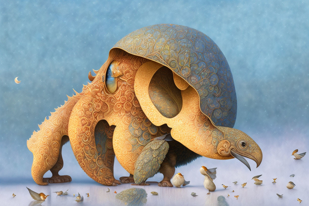 Armored pangolin-like creature with ornate patterns and birds on blue background