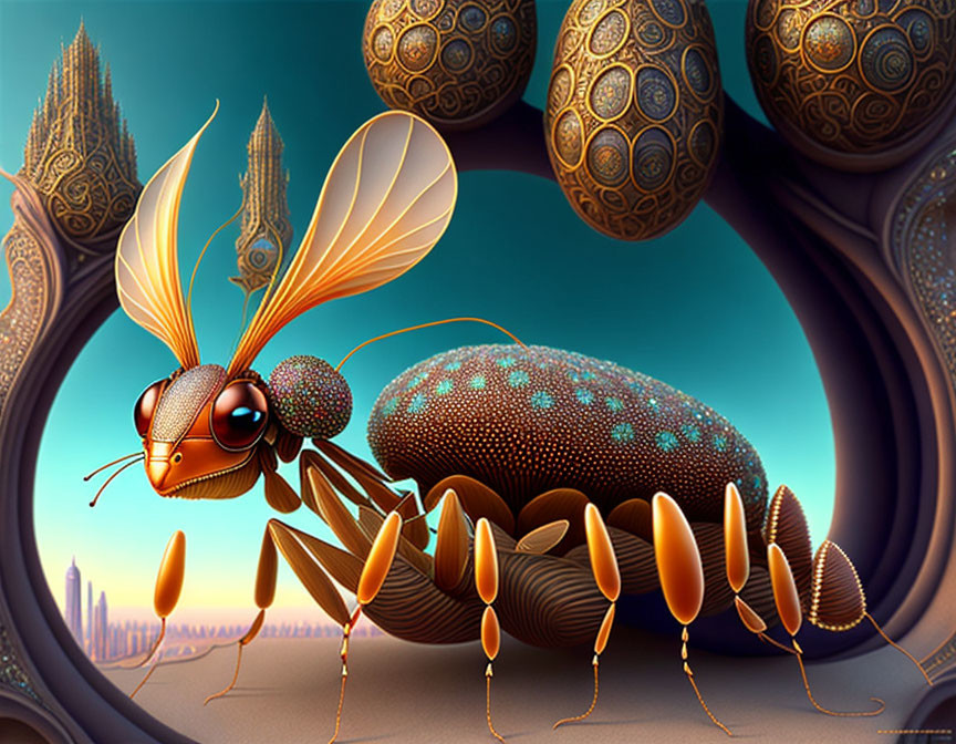 Vivid Ant Illustration on Surreal Landscape with Spherical Structures