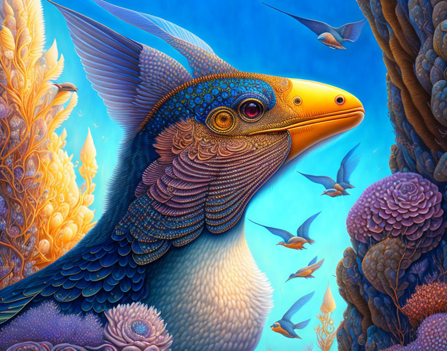 Colorful fantastical fish with bird-like wings in vibrant underwater scene