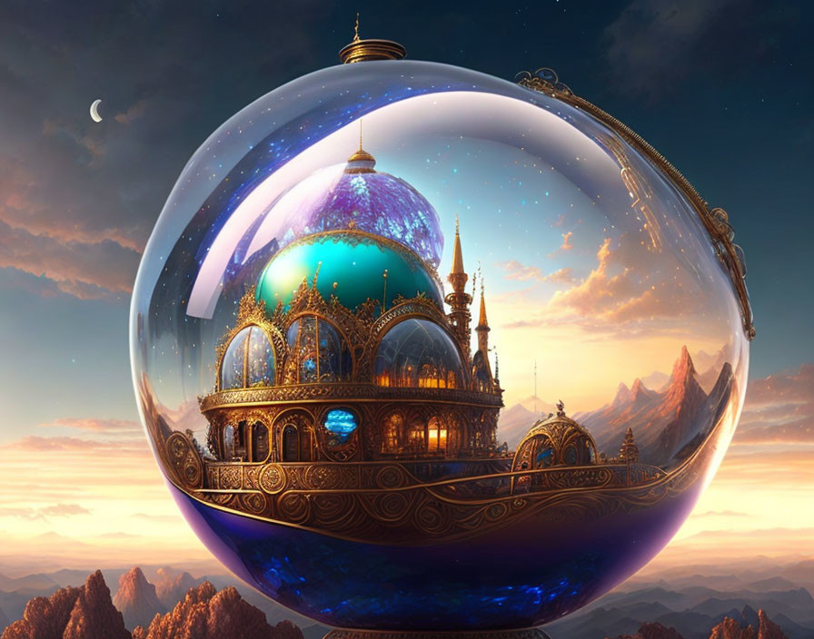 Ornate palace in floating orb against sunset sky
