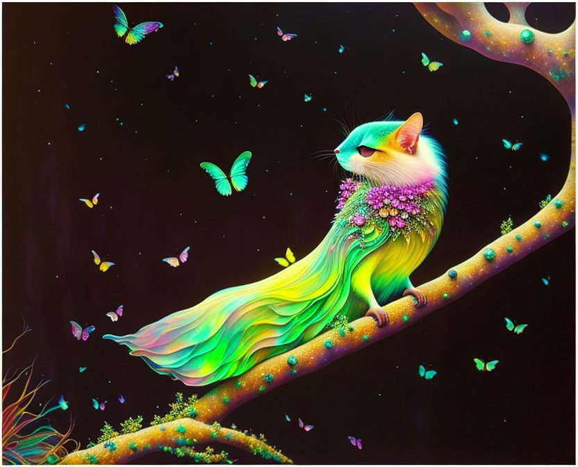 Colorful fantasy illustration: Majestic cat on branch with butterflies in enchanted night