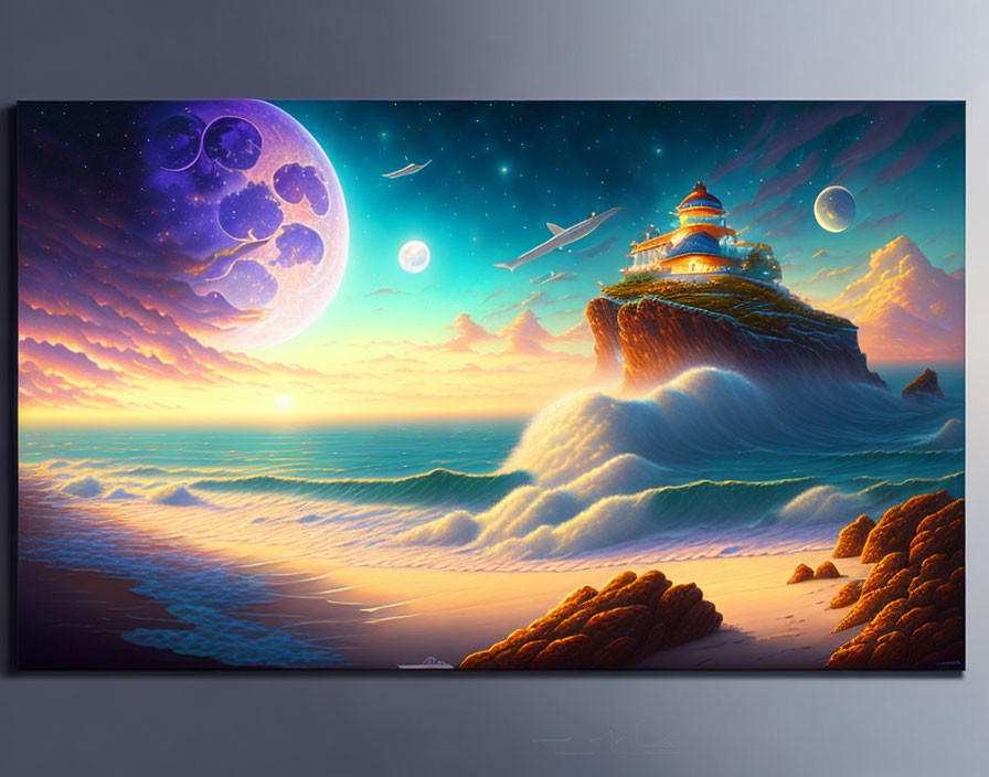 Fantasy painting: Temple on wave with moons, shooting stars, colorful sky & radiant sunset