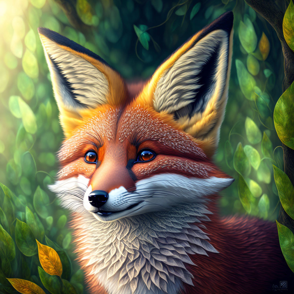 Detailed Digital Portrait of Vibrant Red Fox Face Against Green Foliage