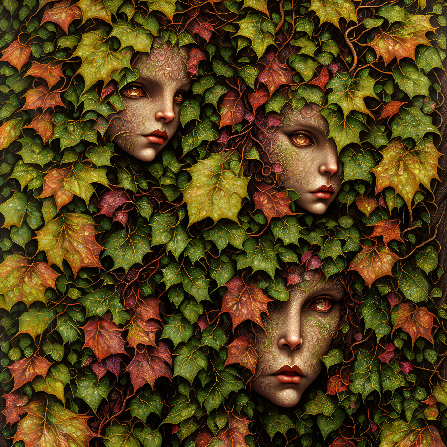 Three faces intertwined with green and autumn-colored ivy leaves.