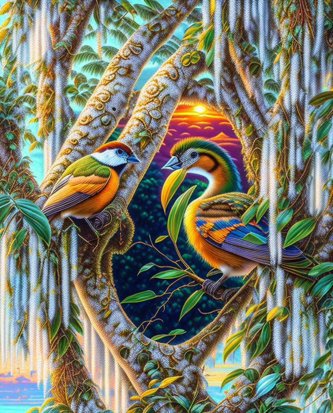 Colorful Birds on Moss-Covered Branches in Sunlit Forest