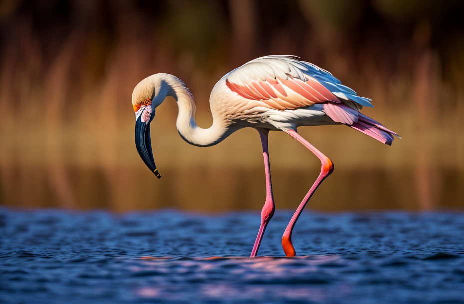 Pink and White Flamingo Foraging in Water