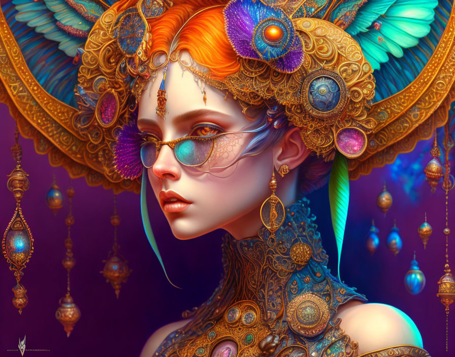 Colorful female figure with ornate headdress and decorative makeup.