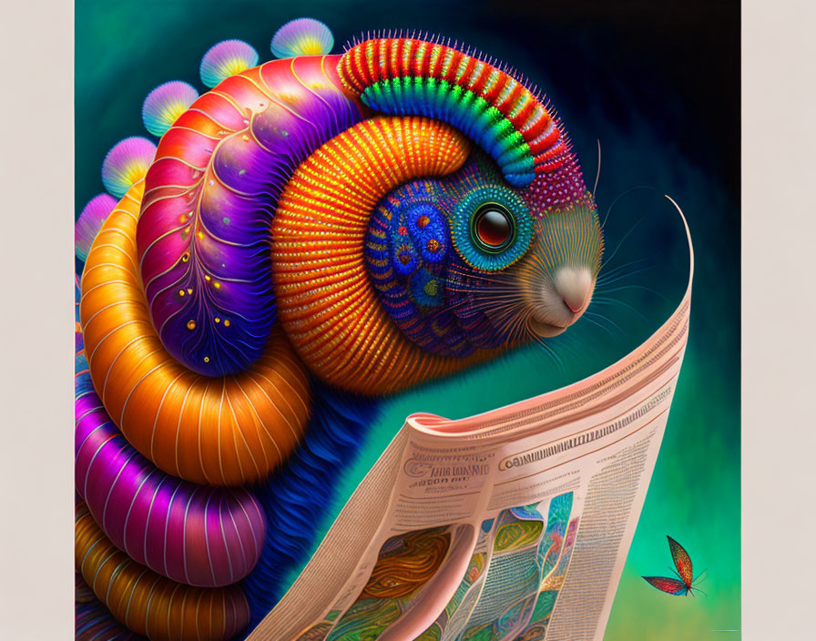 Colorful Chameleon on Newspaper with Butterfly in Psychedelic Bubble Environment