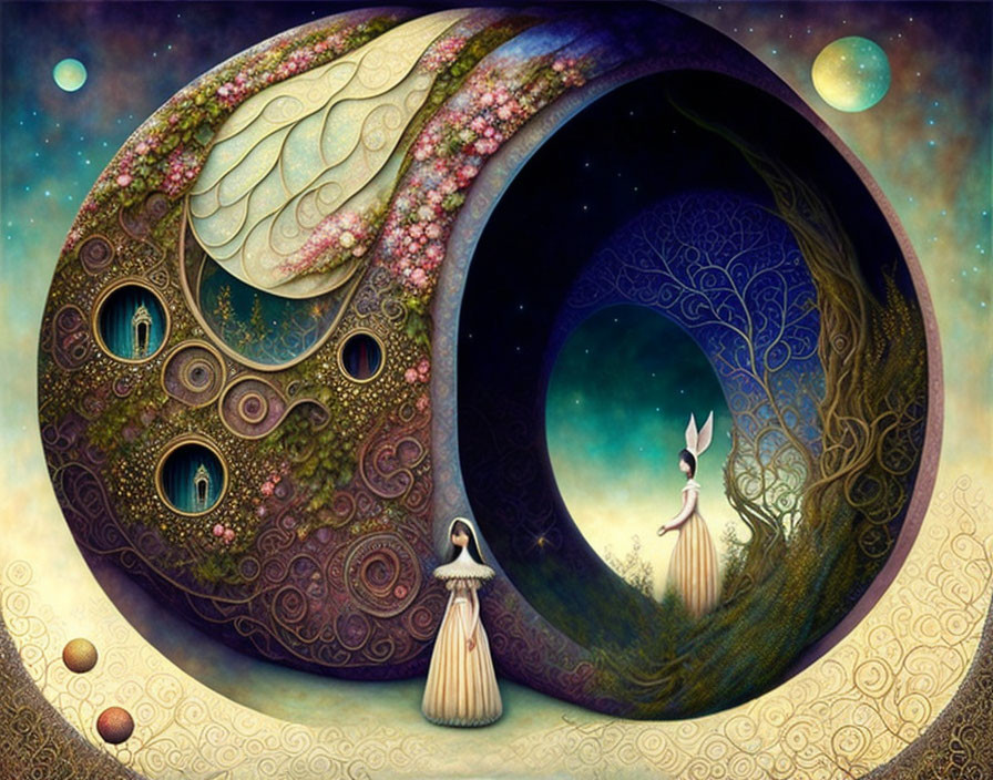 Fantasy artwork: Two figures in dresses at surreal floral gateway