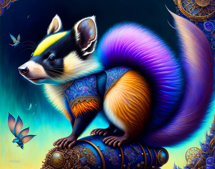 Colorful Skunk Illustration with Dragonflies and Decorative Object