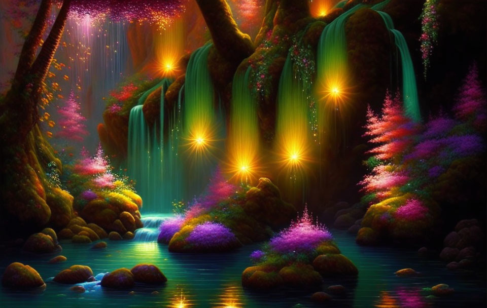 Colorful fantasy landscape with waterfalls, radiant trees, and sparkling river lights.