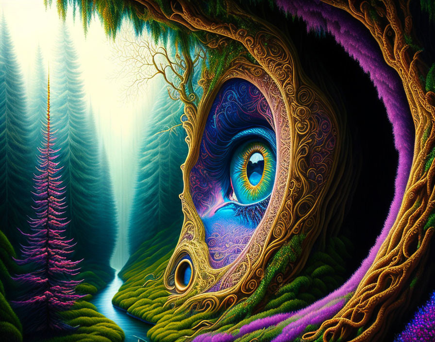 Surreal landscape with eye-shaped cave entrance and lush forestry