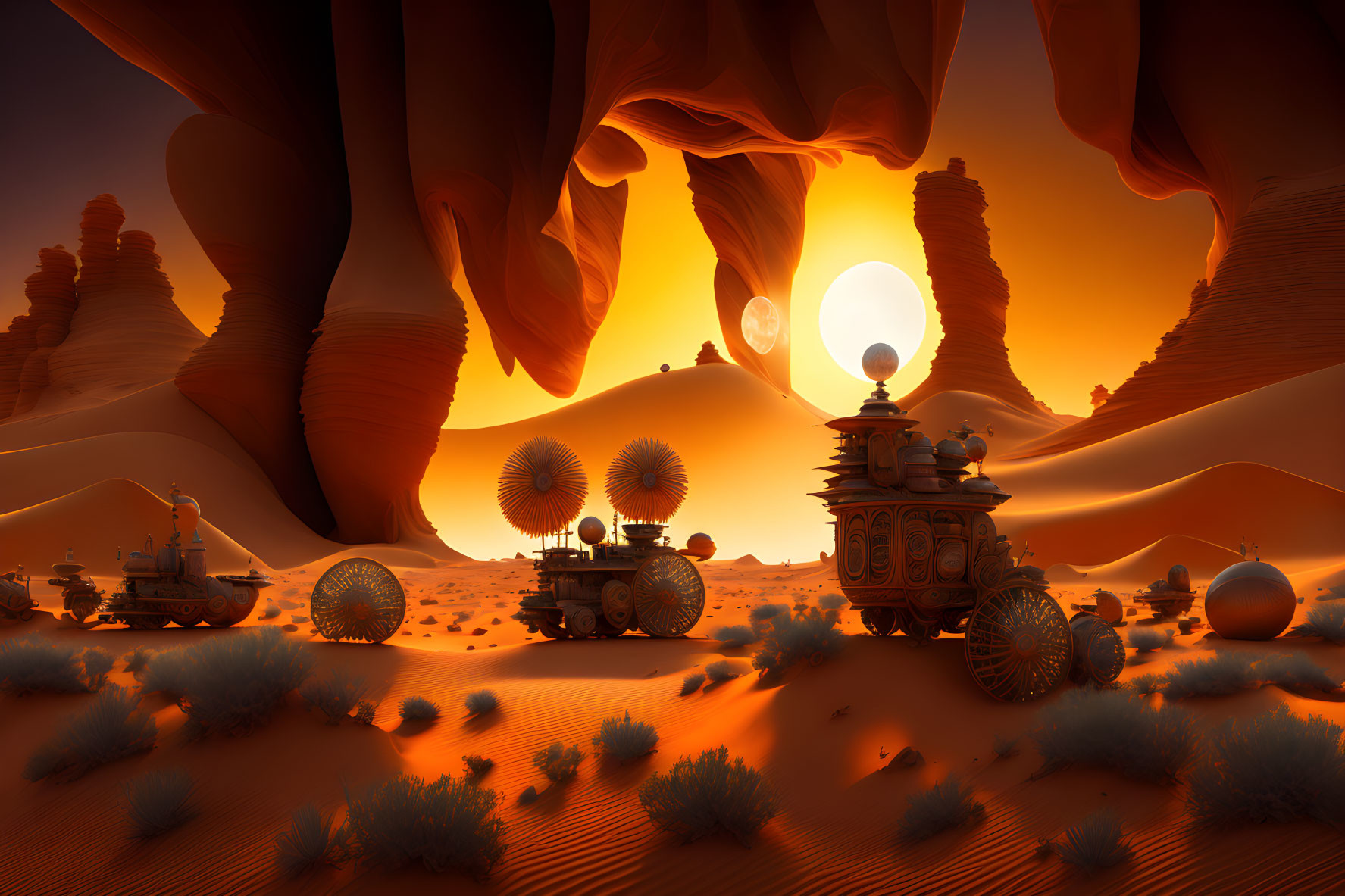 Futuristic desert landscape at sunset with rock formations and exploratory rovers