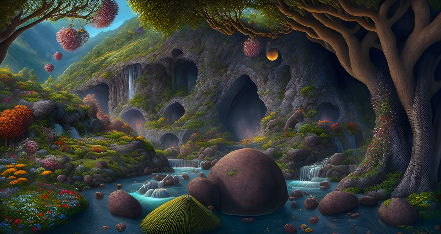 Mystical landscape with vibrant flora, waterfalls, and luminous fruits