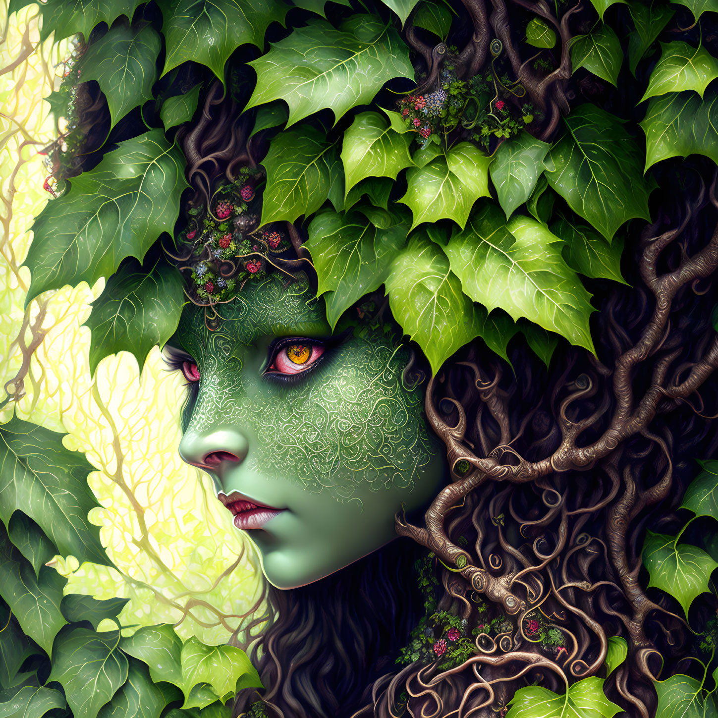 Illustration: Woman with green skin, leaf hair, vine patterns - nature spirit.