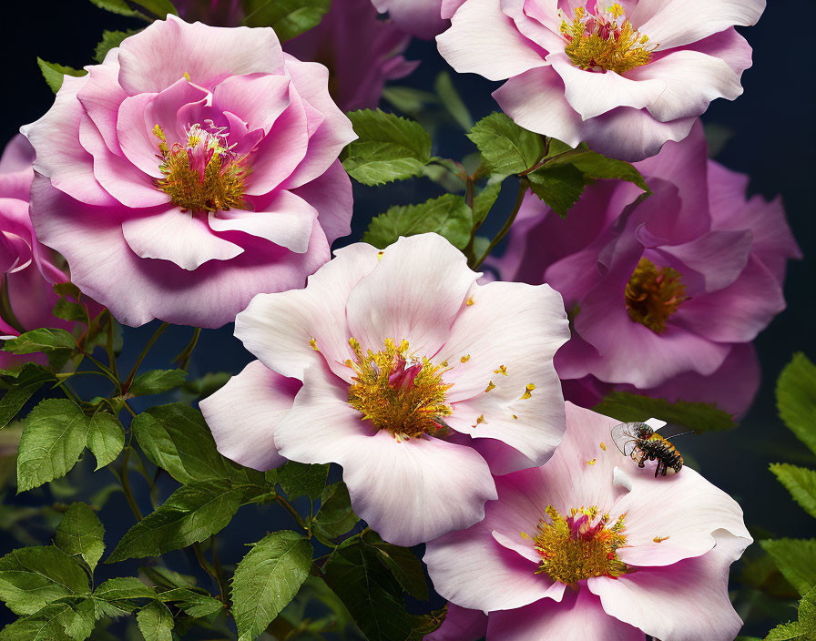 Colorful Wild Roses and Bee Pollinating on Dark Blue Background