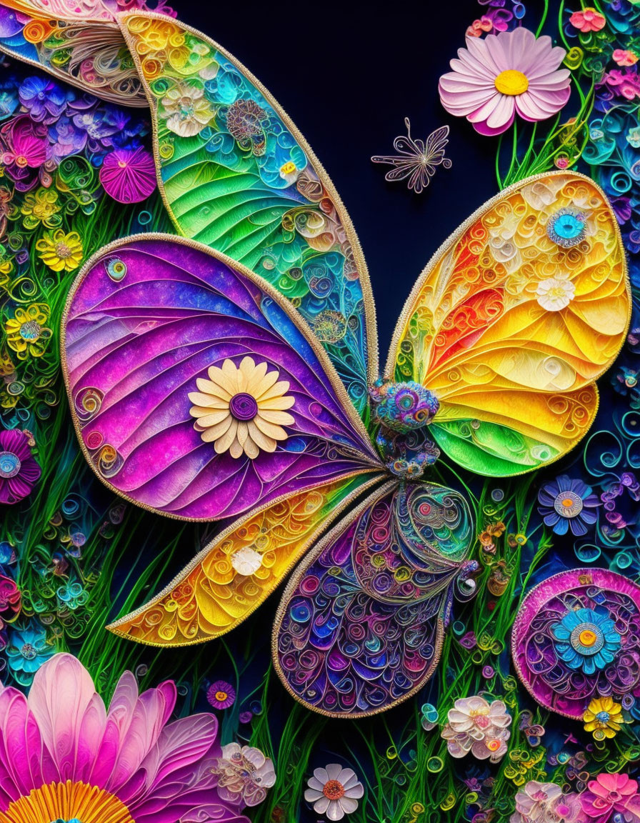 Colorful Butterfly with Patterned Wings Among Flowers and Foliage