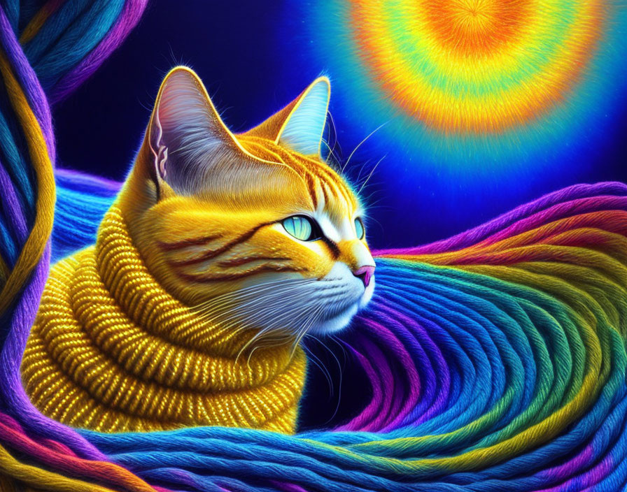 Colorful digital artwork: Orange tabby cat in vibrant threads on psychedelic backdrop