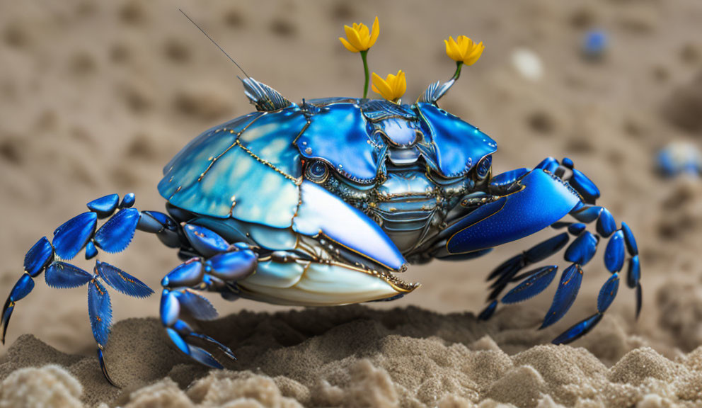 Colorful Blue Crab Carrying Yellow Flowers on Sandy Ground