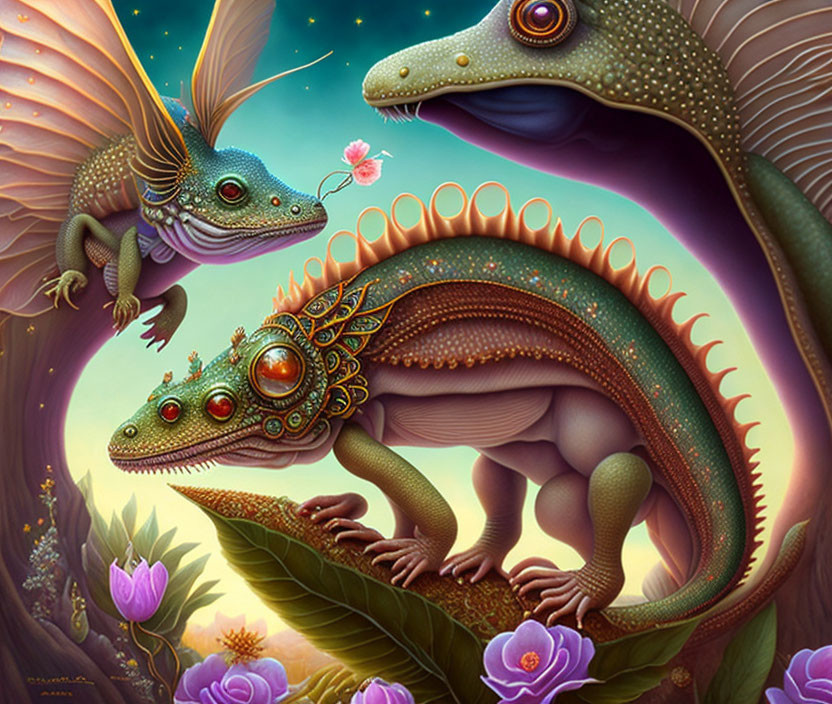 Colorful Jewel-Encrusted Dragons Among Purple Flowers