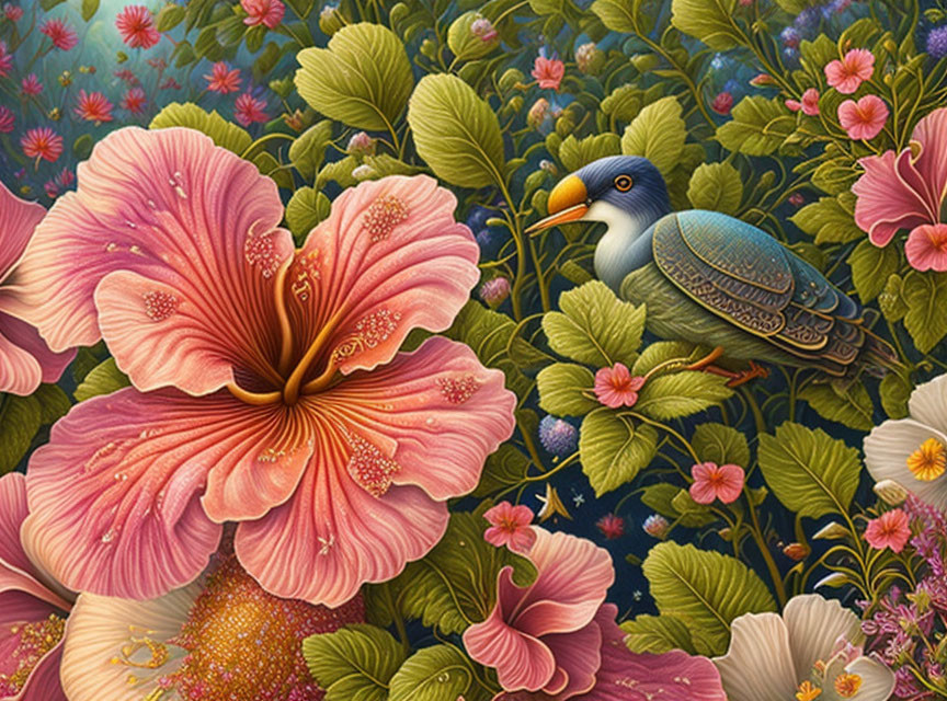 Colorful painting with pink hibiscus, foliage, flowers, and metallic bird.