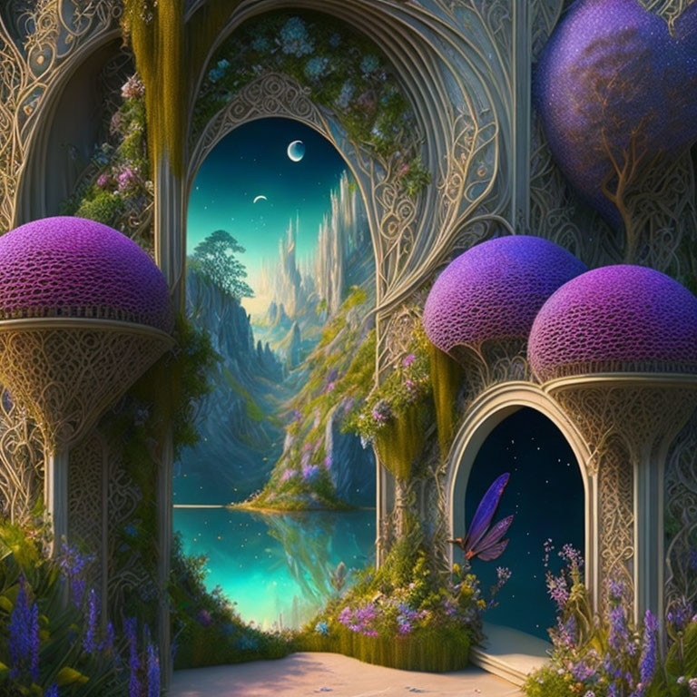 Fantasy landscape with glowing trees and crescent moon viewed through ornate doorway