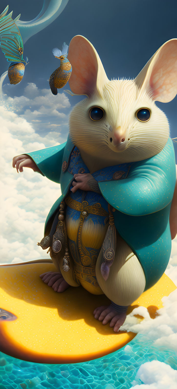 Anthropomorphic mouse in blue robe on cheese slice in cloudy sky with fish-like creatures.