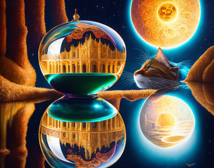 Fantastical glass orb palace with serene cat under two suns