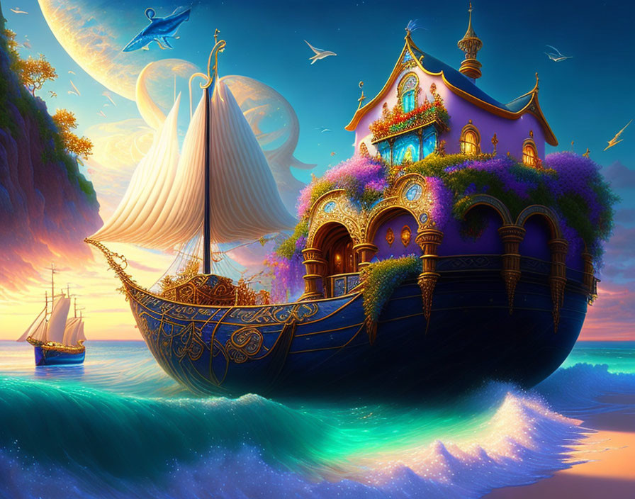 Ornate ship with lush gardens sailing on vibrant ocean at sunset