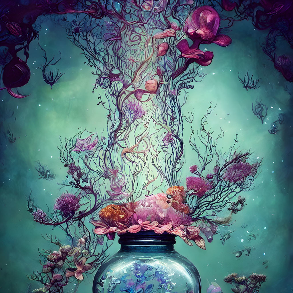 Vibrant surreal underwater scene with tree, coral, fish & fantastical elements