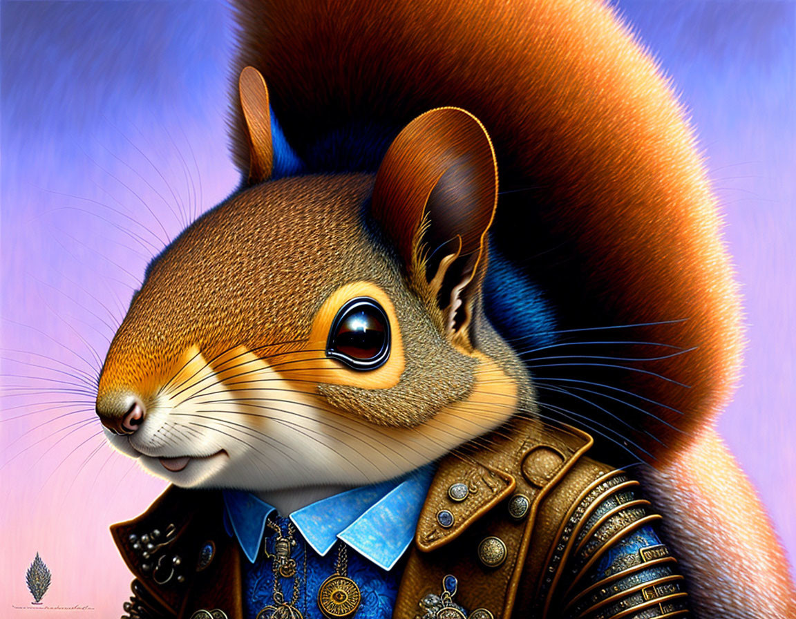 Illustrated squirrel in blue jacket against purple backdrop