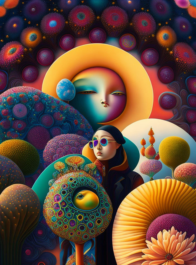 Colorful digital artwork: surreal scene with large face, celestial bodies, figure in sunglasses, stylized