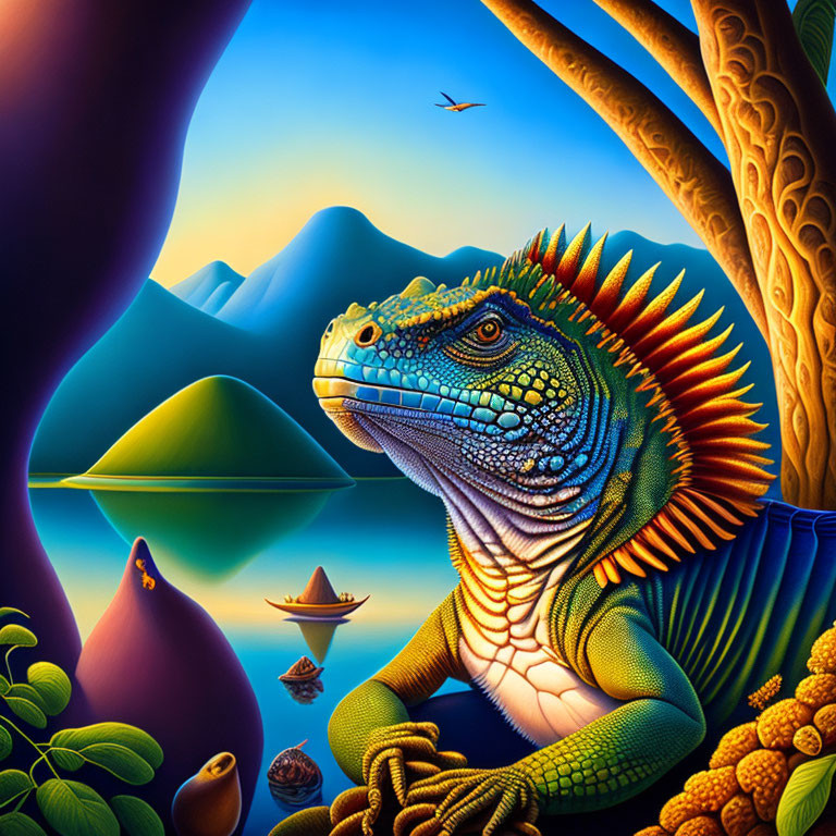 Colorful iguana in surreal tropical landscape with mountains, water, and boats