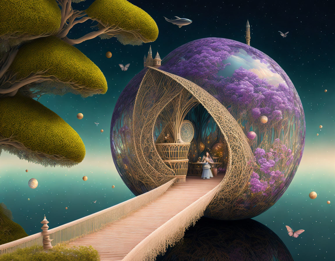 Spherical structure connected to tree in fantasy landscape