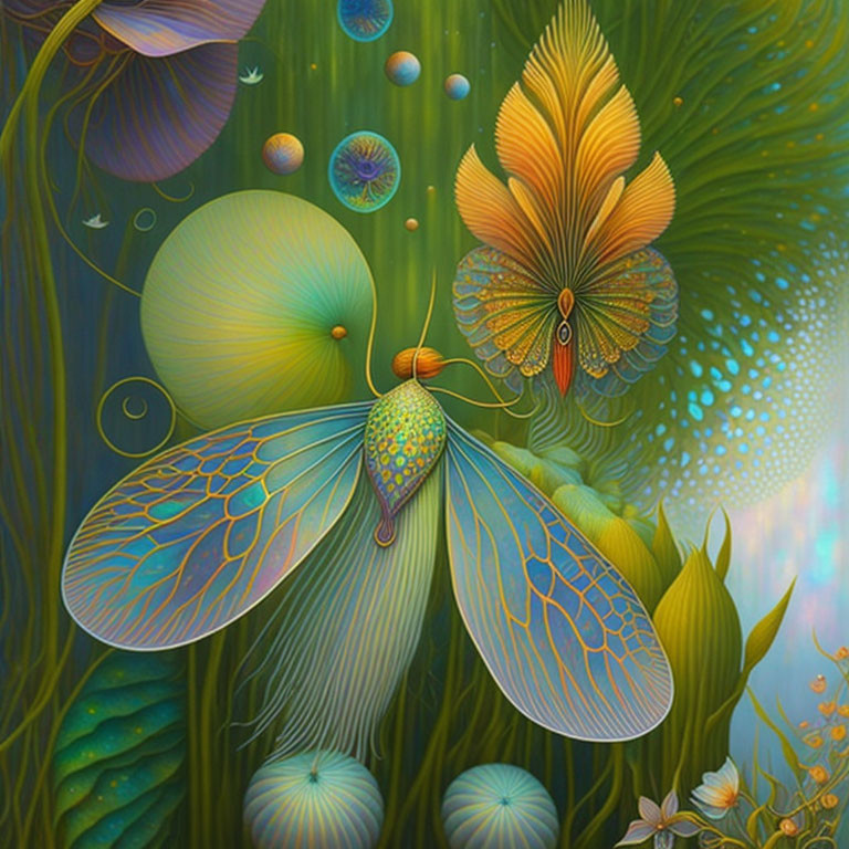 Fantastical illustration of lush plants, butterfly, bubbles, and delicate foliage