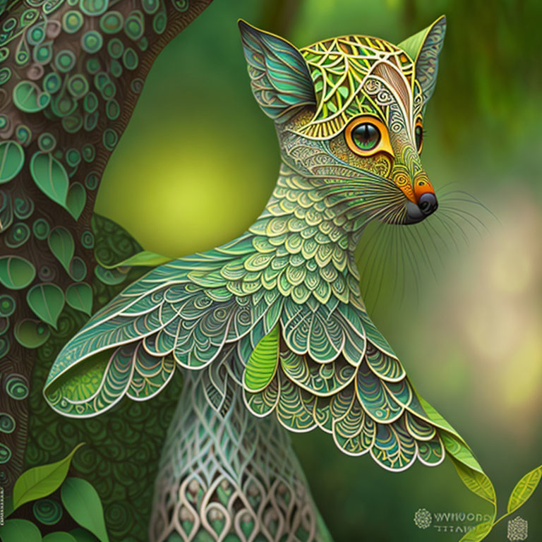 Detailed Fox Artwork with Leaf-like Textures on Green Background