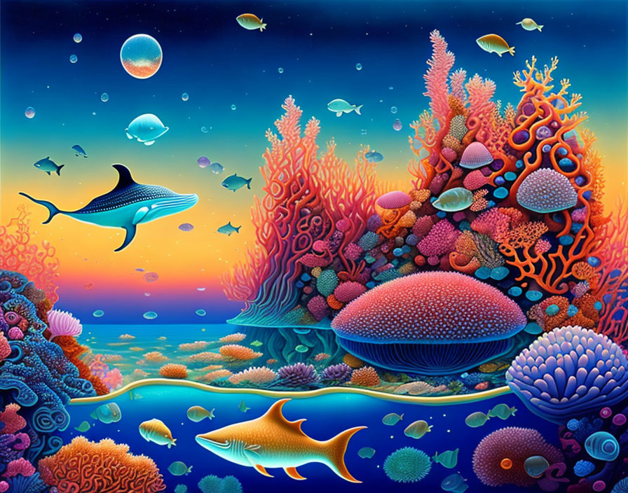 Colorful Underwater Scene with Coral Reefs, Fish, Whale, and Sky Planets