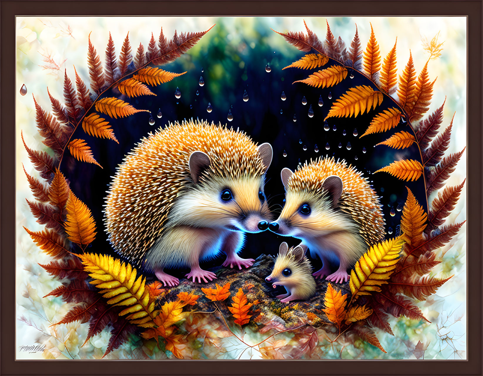 Illustrated hedgehogs with baby in autumn forest scene