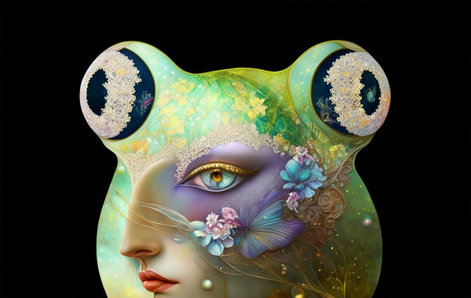 Surreal digital artwork: Face blending into frog with vibrant colors