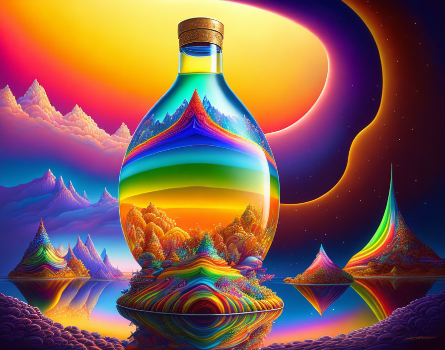 Colorful landscape in a bottle against cosmic backdrop with crescent moon