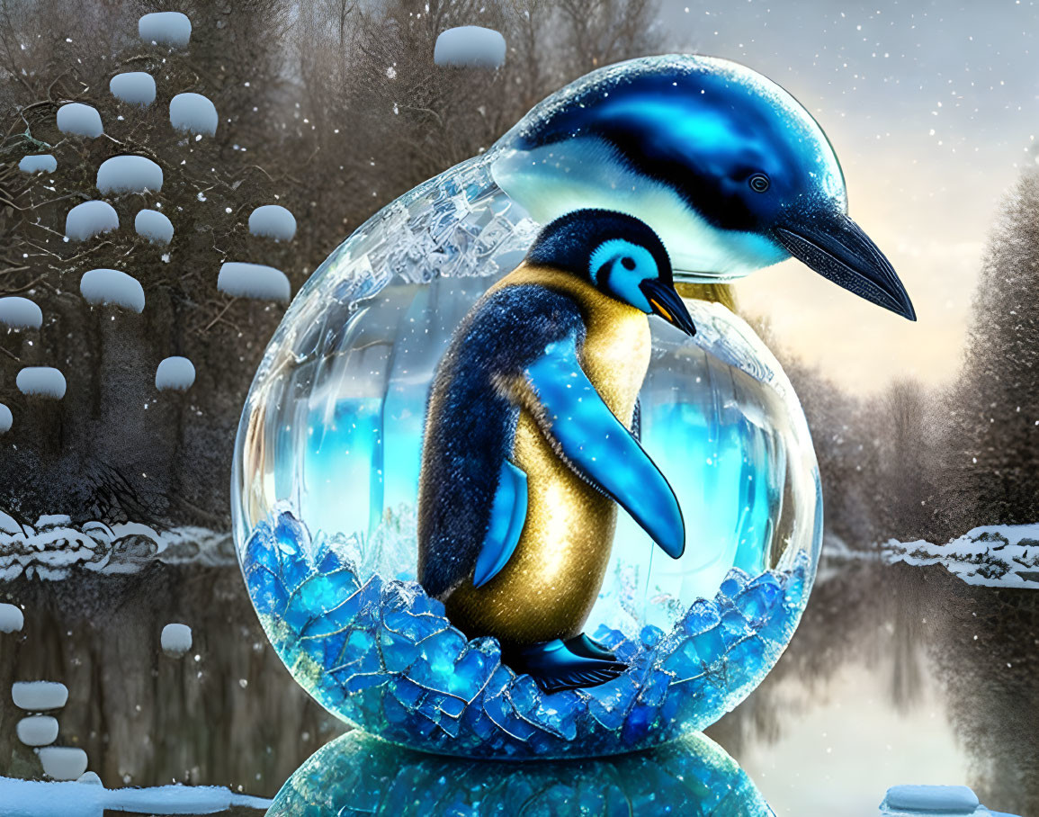 Penguin in glass globe with glowing ocean scene and snowy backdrop